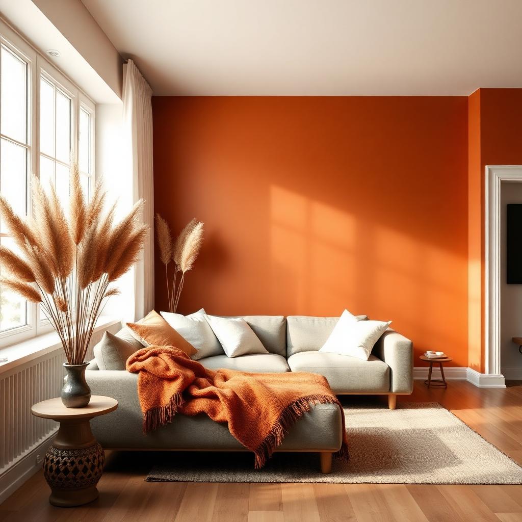 Living room with a warm autumn terracotta accent wall