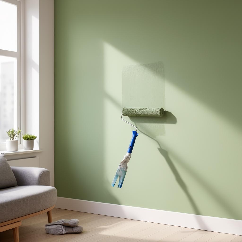 Freshly painted sage green wall